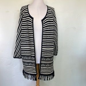 Chico's Open Front Fringed Black and White Print Loose Fitting Sweater J…